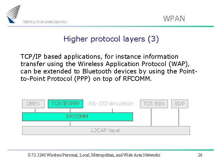 WPAN Higher protocol layers (3) TCP/IP based applications, for instance information transfer using the