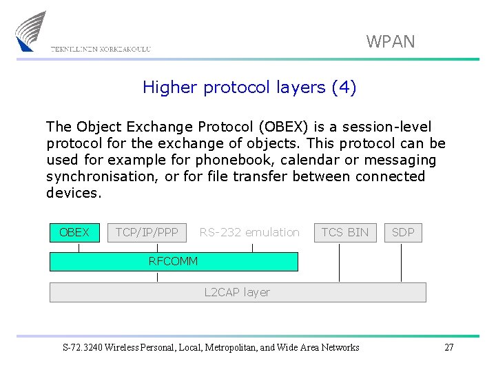 WPAN Higher protocol layers (4) The Object Exchange Protocol (OBEX) is a session-level protocol