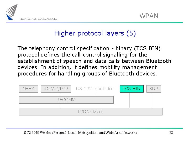 WPAN Higher protocol layers (5) The telephony control specification - binary (TCS BIN) protocol