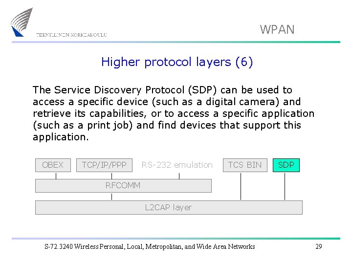 WPAN Higher protocol layers (6) The Service Discovery Protocol (SDP) can be used to