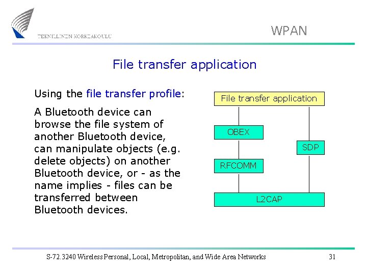 WPAN File transfer application Using the file transfer profile: A Bluetooth device can browse