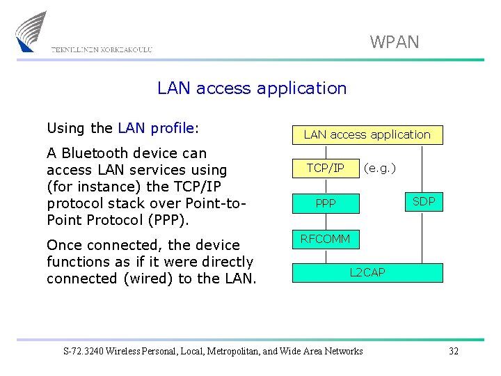 WPAN LAN access application Using the LAN profile: A Bluetooth device can access LAN