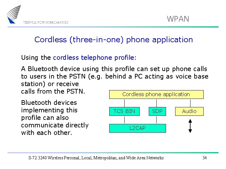 WPAN Cordless (three-in-one) phone application Using the cordless telephone profile: A Bluetooth device using