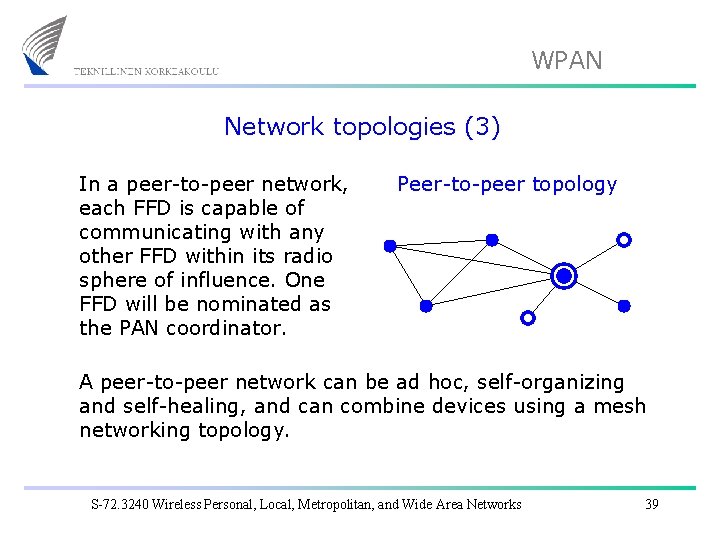 WPAN Network topologies (3) In a peer-to-peer network, each FFD is capable of communicating