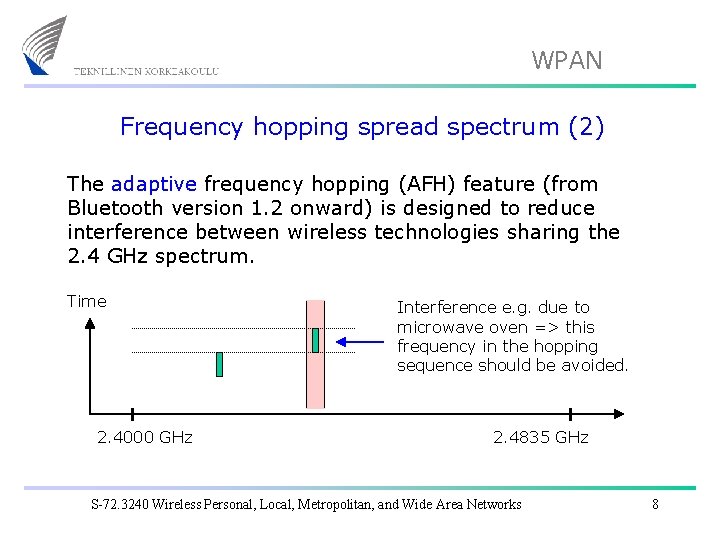 WPAN Frequency hopping spread spectrum (2) The adaptive frequency hopping (AFH) feature (from Bluetooth