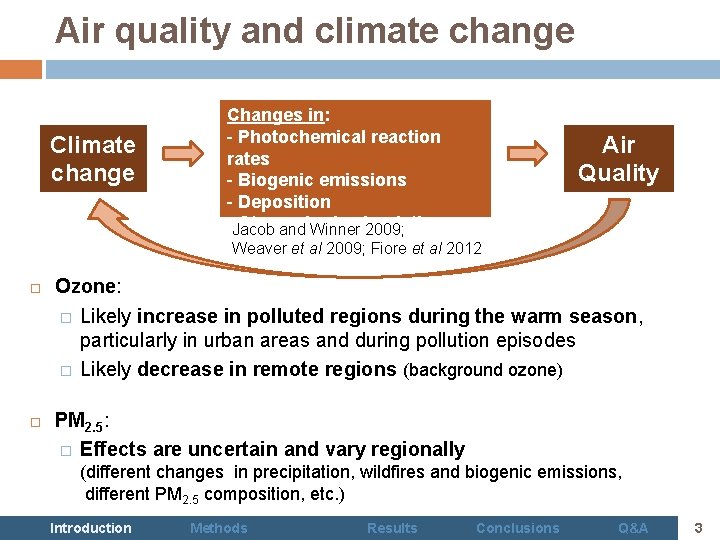 Air quality and climate change Changes in: - Photochemical reaction rates - Biogenic emissions