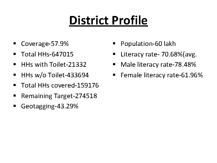 District Profile § § § § Coverage-57. 9% Total HHs-647015 HHs with Toilet-21332 HHs