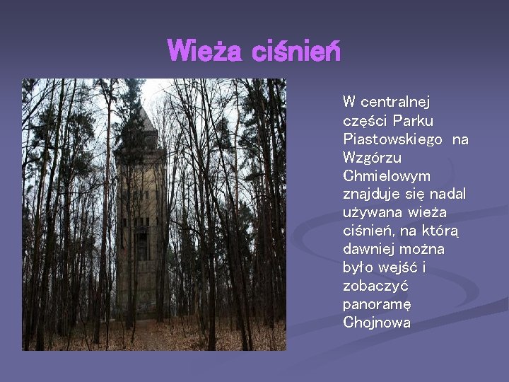 Wieża ciśnień W centralnej części Parku Piastowskiego na Wzgórzu Chmielowym znajduje się nadal używana