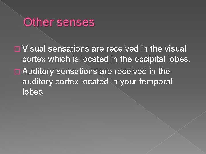 Other senses � Visual sensations are received in the visual cortex which is located