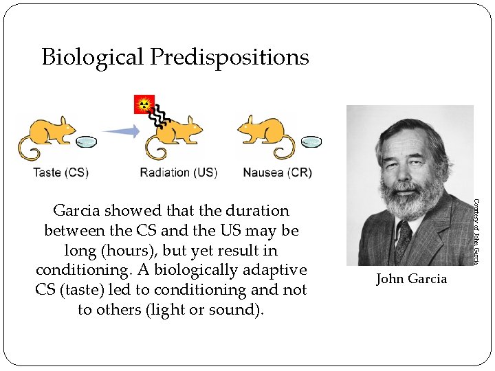 Biological Predispositions Courtesy of John Garcia showed that the duration between the CS and