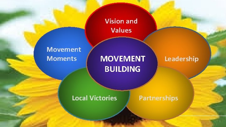 Vision and Values Movement Moments MOVEMENT BUILDING Local Victories Leadership Partnerships 