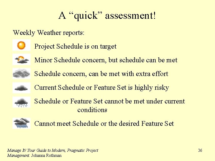 A “quick” assessment! Weekly Weather reports: Project Schedule is on target Minor Schedule concern,