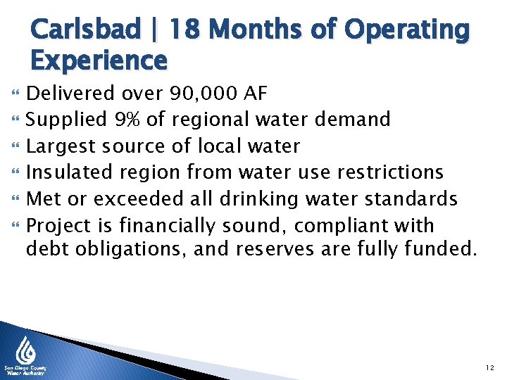 Carlsbad | 18 Months of Operating Experience Delivered over 90, 000 AF Supplied 9%