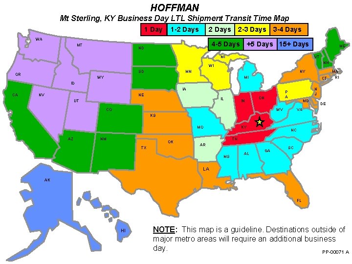HOFFMAN Mt Sterling, KY Business Day LTL Shipment Transit Time Map 1 Day 1
