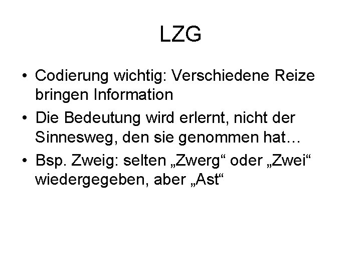 LZG • Codierung wichtig: Verschiedene Reize bringen Information • Die Bedeutung wird erlernt, nicht