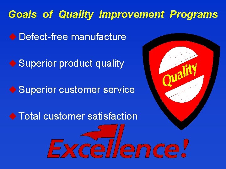Goals of Quality Improvement Programs u Defect-free manufacture u Superior product quality u Superior