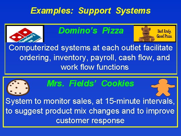 Examples: Support Systems Domino’s Pizza Computerized systems at each outlet facilitate ordering, inventory, payroll,