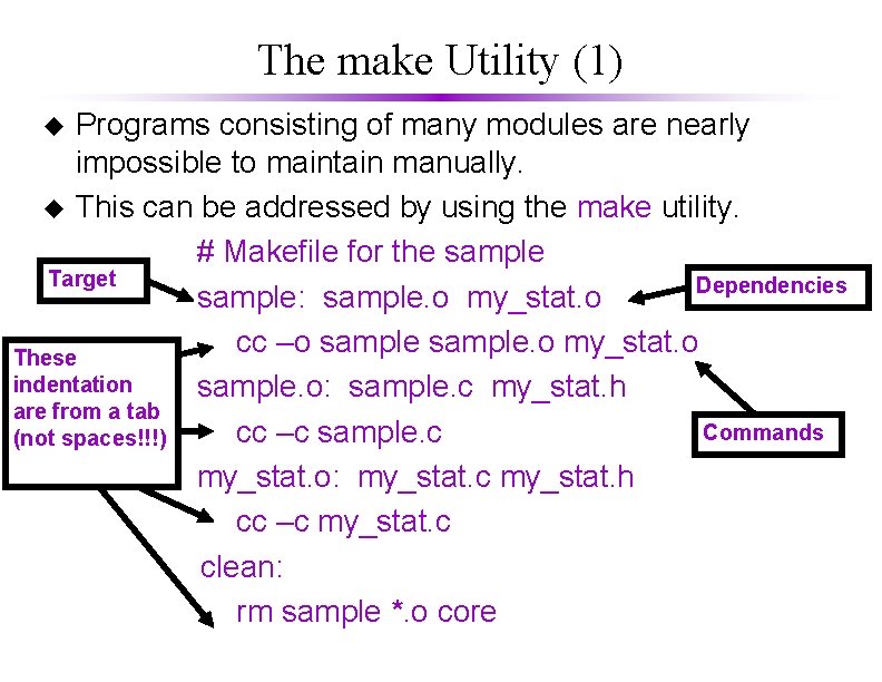 The make Utility (1) Programs consisting of many modules are nearly impossible to maintain