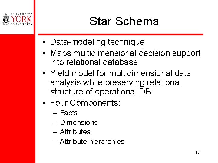 Star Schema • Data-modeling technique • Maps multidimensional decision support into relational database •