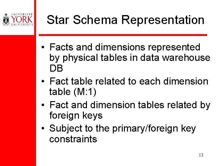 Star Schema Representation • Facts and dimensions represented by physical tables in data warehouse