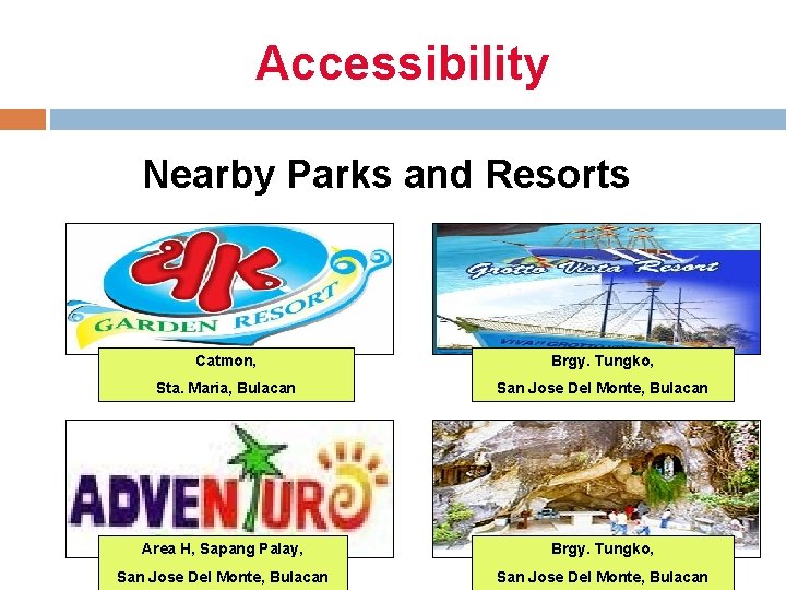 Accessibility Nearby Parks and Resorts Catmon, Brgy. Tungko, Sta. Maria, Bulacan San Jose Del