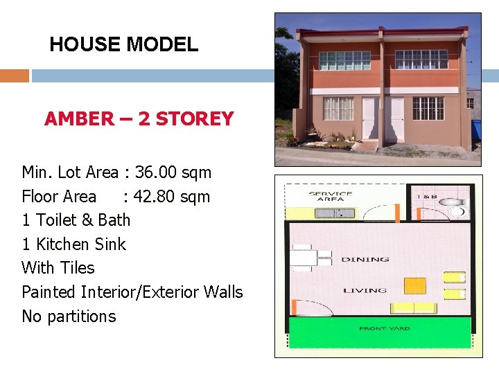 HOUSE MODEL AMBER – 2 STOREY Min. Lot Area : 36. 00 sqm Floor