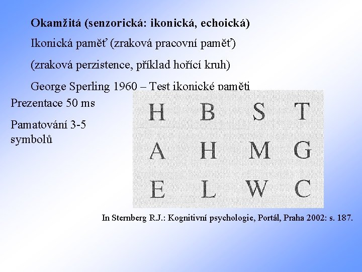 Okamžitá (senzorická: ikonická, echoická) Ikonická paměť (zraková pracovní paměť) (zraková perzistence, příklad hořící kruh)