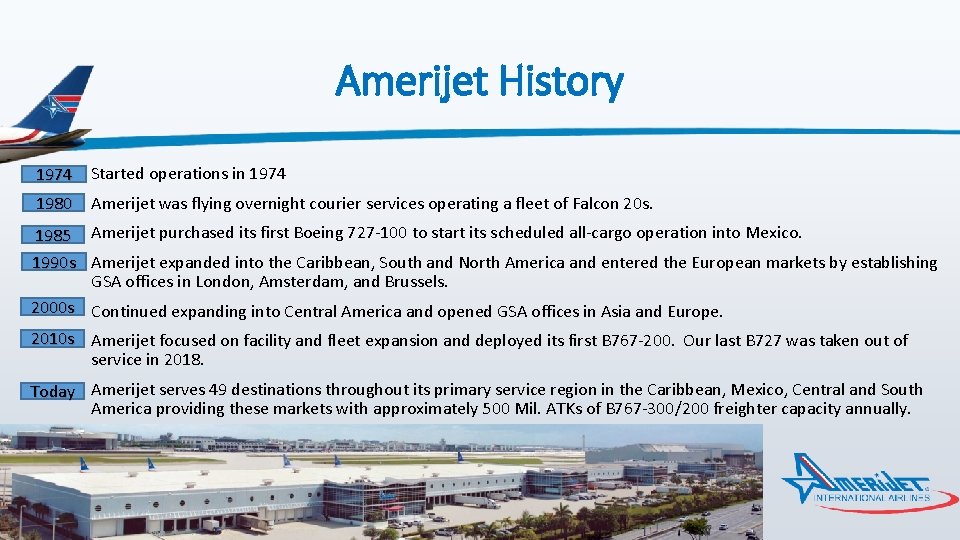Amerijet History 1974 • Started operations in 1974 1980 • Amerijet was flying overnight