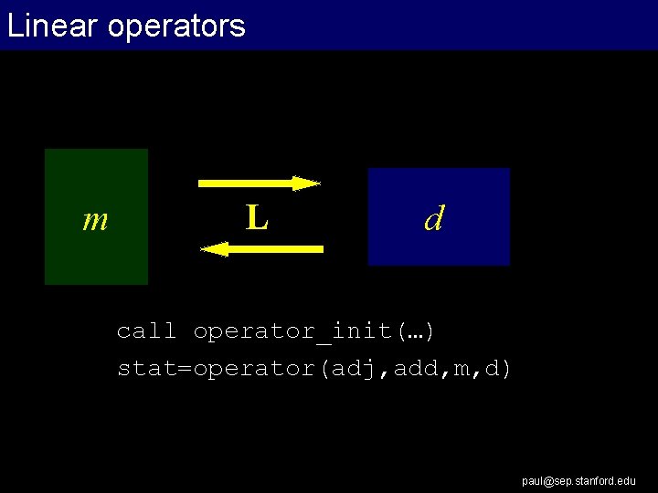 Linear operators m L d call operator_init(…) stat=operator(adj, add, m, d) paul@sep. stanford. edu