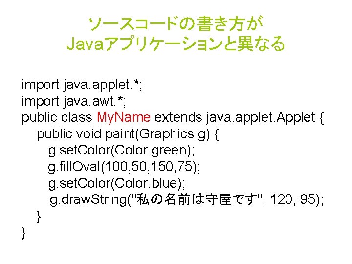 ソースコードの書き方が Javaアプリケーションと異なる import java. applet. *; import java. awt. *; public class My. Name