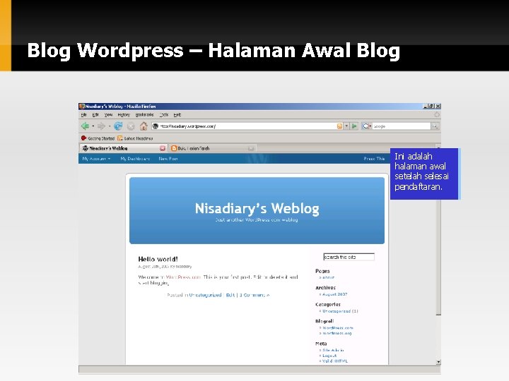 Blog Wordpress – Halaman Awal Blog Ini adalah halaman awal setelah selesai pendaftaran. 