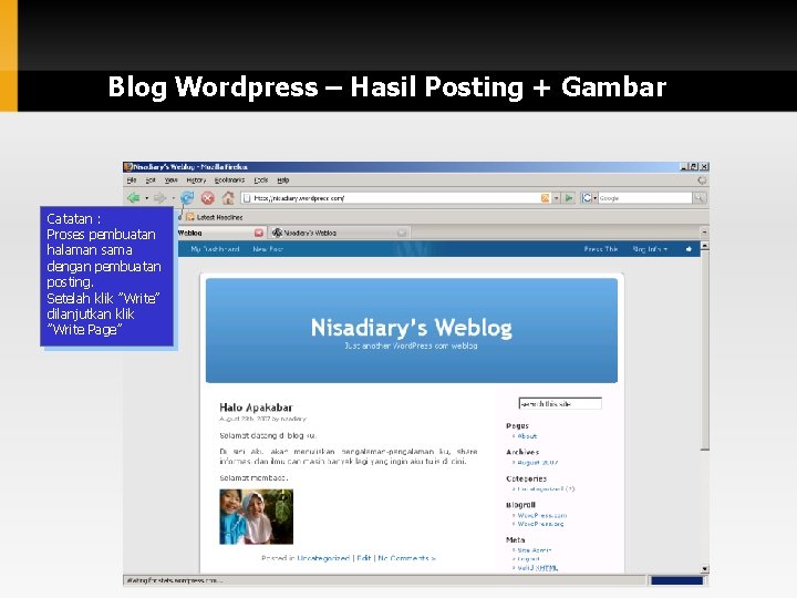 Blog Wordpress – Hasil Posting + Gambar Catatan : Proses pembuatan halaman sama dengan