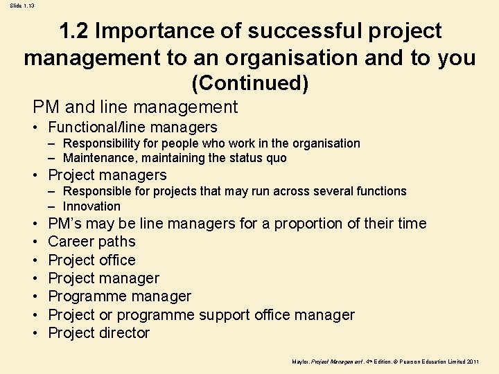 Slide 1. 13 1. 2 Importance of successful project management to an organisation and