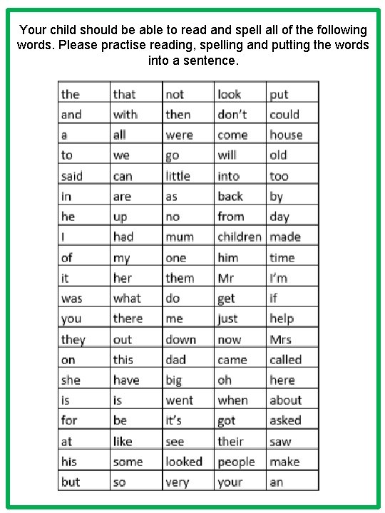 Your child should be able to read and spell all of the following words.