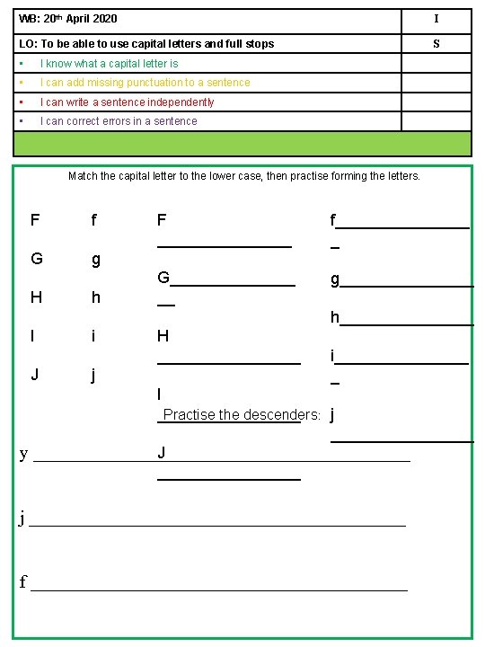 WB: 20 th April 2020 I LO: To be able to use capital letters