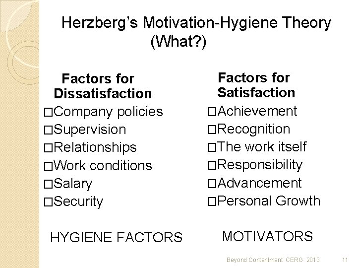 Herzberg’s Motivation-Hygiene Theory (What? ) Factors for Dissatisfaction �Company policies �Supervision �Relationships �Work conditions