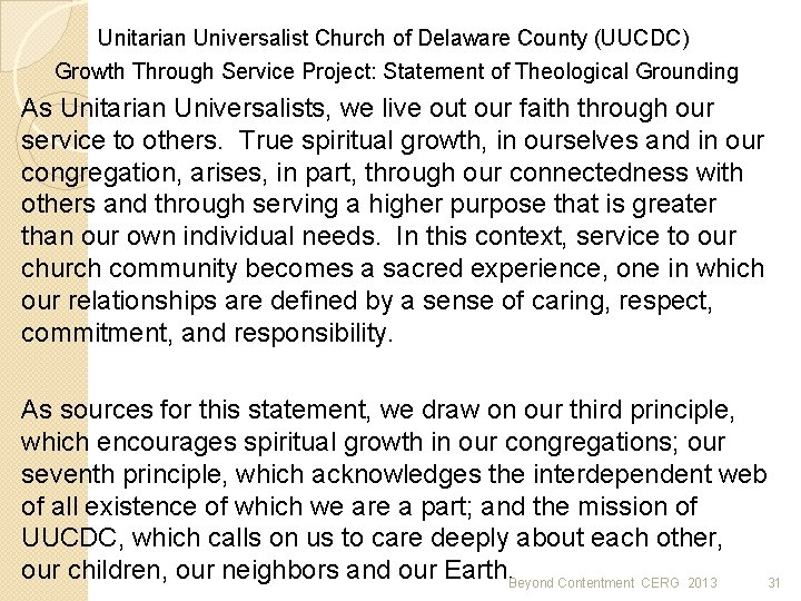 Unitarian Universalist Church of Delaware County (UUCDC) Growth Through Service Project: Statement of Theological