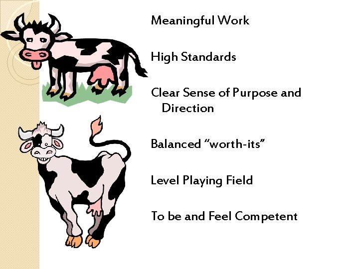 Meaningful Work High Standards Clear Sense of Purpose and Direction Balanced “worth-its” Level Playing