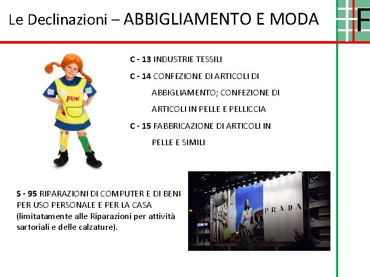Le Declinazioni – ABBIGLIAMENTO E MODA C - 13 INDUSTRIE TESSILI C - 14 Le Declinazioni – ABBIGLIAMENTO E MODA C - 13 INDUSTRIE TESSILI C - 14