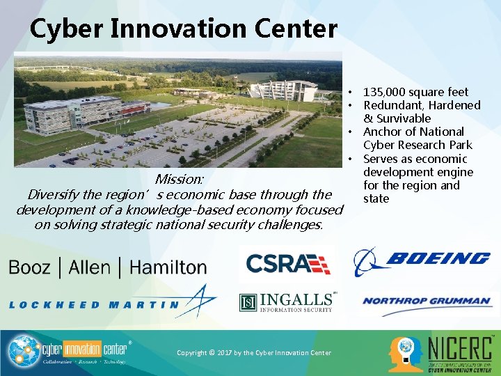 Cyber Innovation Center • • Mission: Diversify the region’s economic base through the development