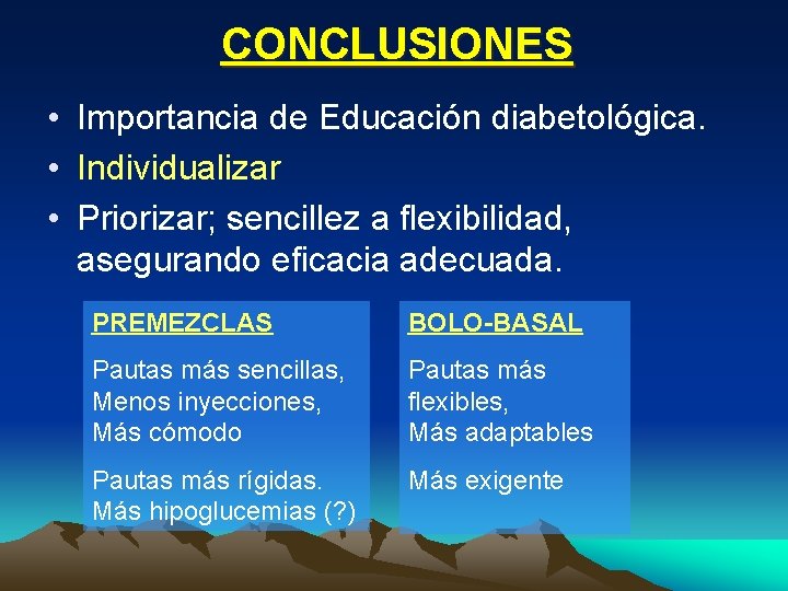 CONCLUSIONES • Importancia de Educación diabetológica. • Individualizar • Priorizar; sencillez a flexibilidad, asegurando