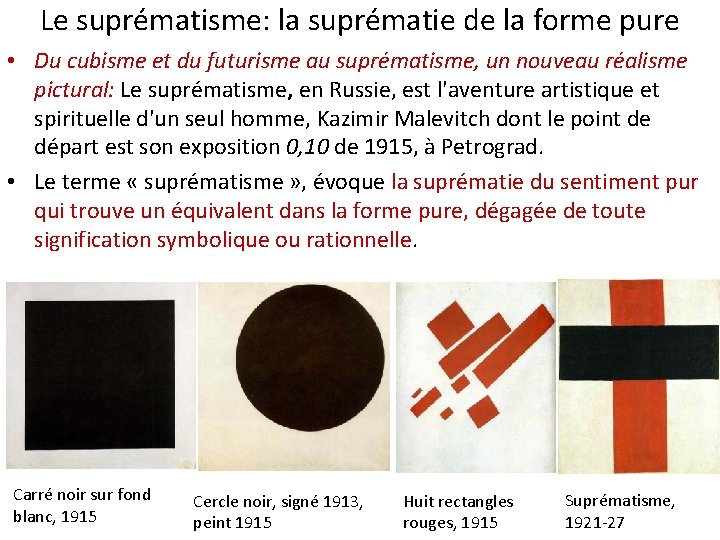 Le suprématisme: la suprématie de la forme pure • Du cubisme et du futurisme