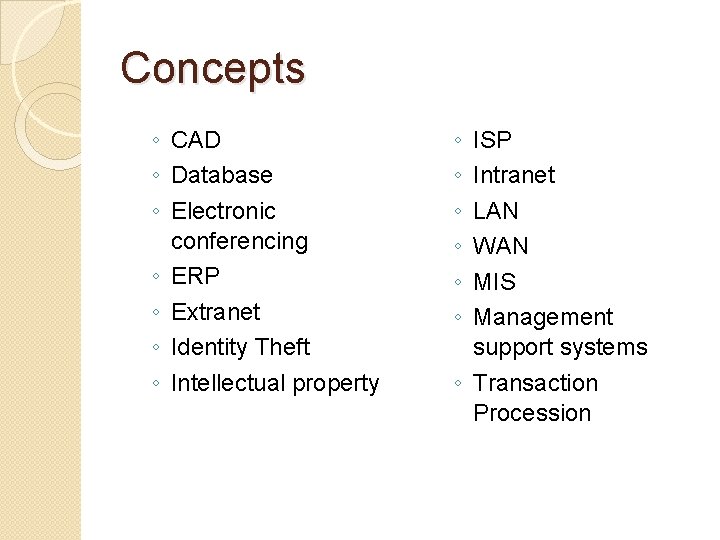 Concepts ◦ CAD ◦ Database ◦ Electronic conferencing ◦ ERP ◦ Extranet ◦ Identity