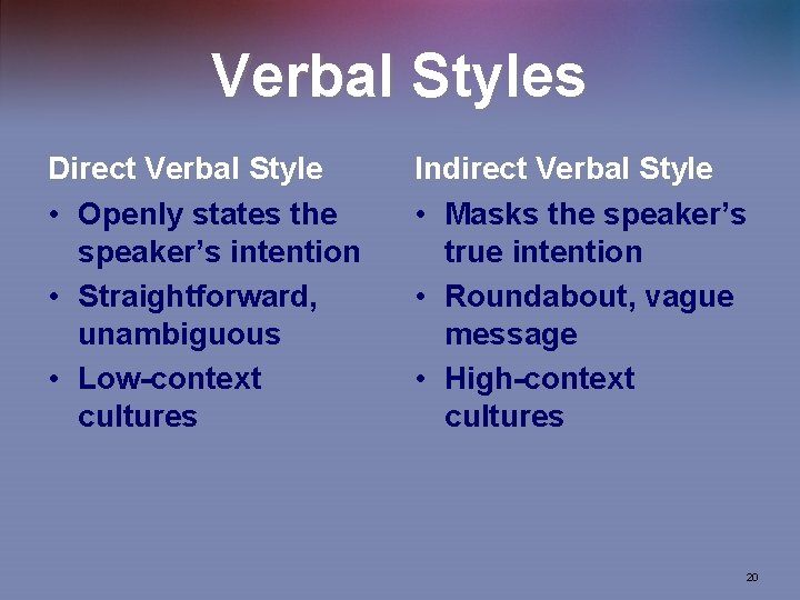Verbal Styles Direct Verbal Style • Openly states the speaker’s intention • Straightforward, unambiguous