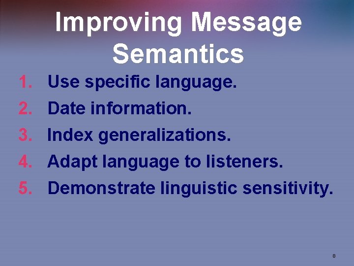 Improving Message Semantics 1. 2. 3. 4. 5. Use specific language. Date information. Index