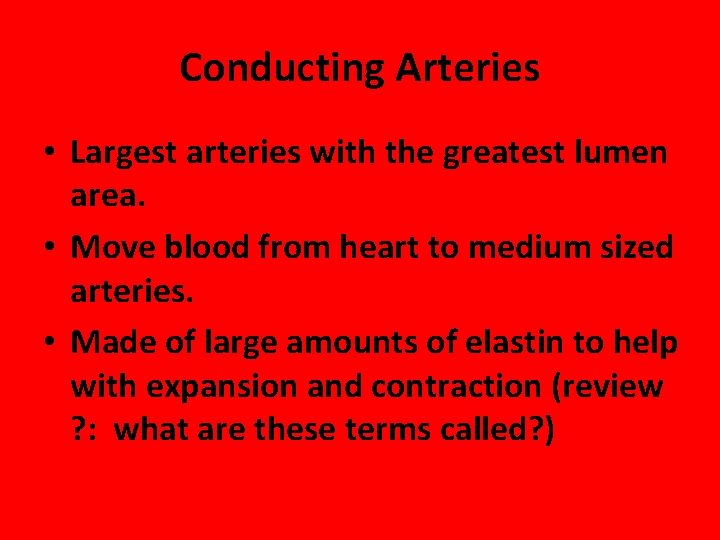 Conducting Arteries • Largest arteries with the greatest lumen area. • Move blood from