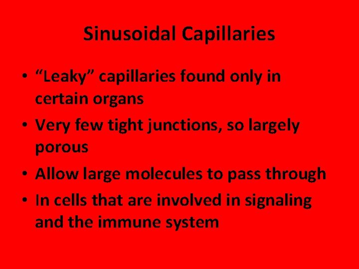 Sinusoidal Capillaries • “Leaky” capillaries found only in certain organs • Very few tight