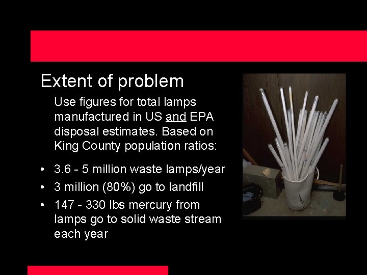 Extent of problem Use figures for total lamps manufactured in US and EPA disposal