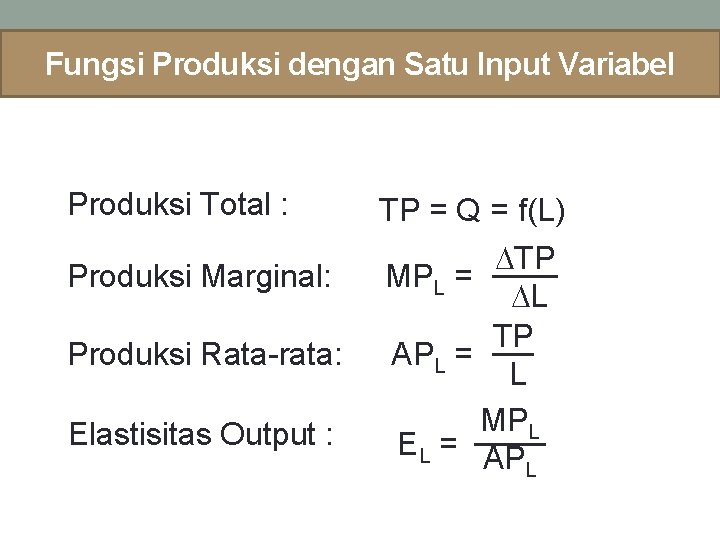 Fungsi Produksi dengan Satu Input Variabel Produksi Total : Produksi Marginal: Produksi Rata-rata: Elastisitas