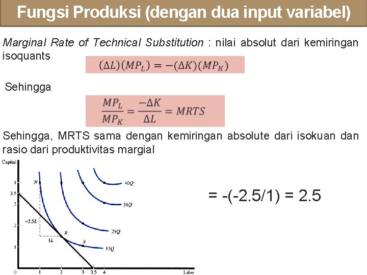 Fungsi Produksi (dengan dua input variabel) Marginal Rate of Technical Substitution : nilai absolut